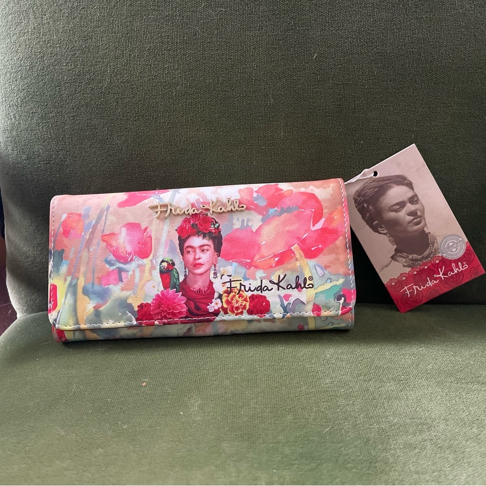 SOLD! FRIDA KAHLO Flower and Parrot Series Secretary Wallet Beige w Red Interior